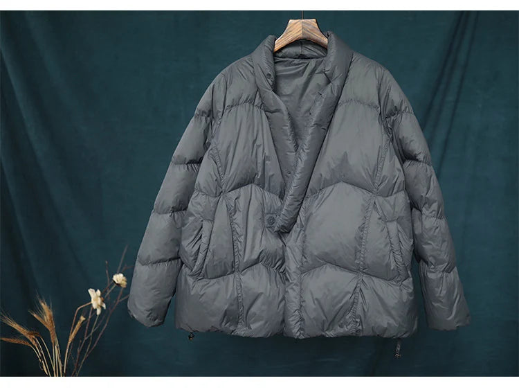 Schinteon Women Japanese Style Jacket Over Size White Duck Down Coat Loose Warm Autumn Winter Casual Outwear Top Quality