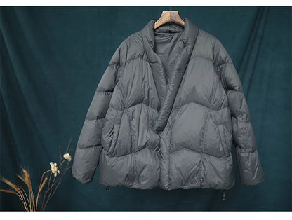 Schinteon Women Japanese Style Jacket Over Size White Duck Down Coat Loose Warm Autumn Winter Casual Outwear Top Quality