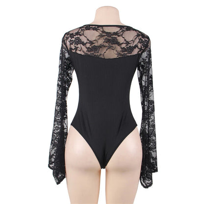 Bodysuits Women Top Fashion V Neck Lace Skinny Lingerie Leotard Black Mesh Salopette Teddy Femme Horn Sleeves Rompers Jumpsuits