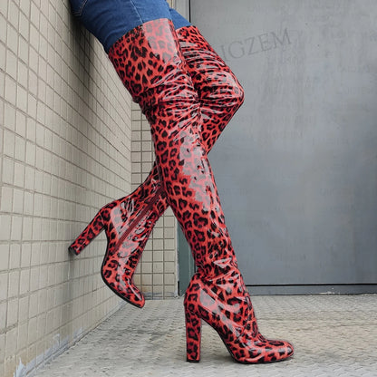 LAIGZEM Women Over High Boots Zip Up Shiny Thick Heels Boots High Bota Mujer Party Ladies Shoes Woman Big Size 40 42 44 47 52