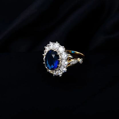 Luxury Oval Blue Zircon Ring for Women Sparkling Golden Color Solitaire Finger Rings Romantic Jewelry Wedding Anniversary Gift