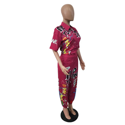 2020 New Style Brand Fashion Hip Hop Style Women Jumpsuit Special Letter Turn Down Collar Half Sleeve Romper Jumpsuit