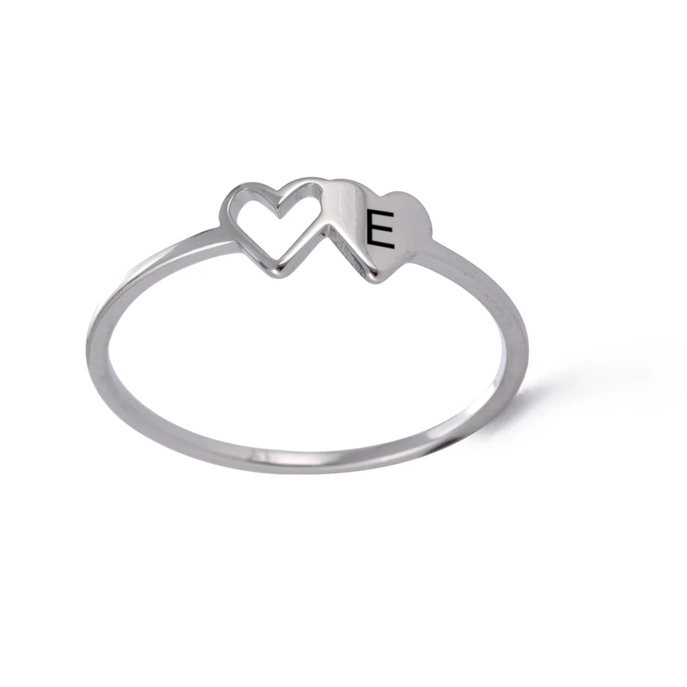 COOLTIME Initial Letter Ring for Women Stainless Steel A-Z Alphabet Double Heart Rings Simple Wedding Cheap Gift For Lover