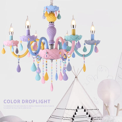 Rainbow Crystal Chandelier European Candle Lustres Bedroom Children's Room American LED E14 8 Lights Princess Makaron Kid Lamps