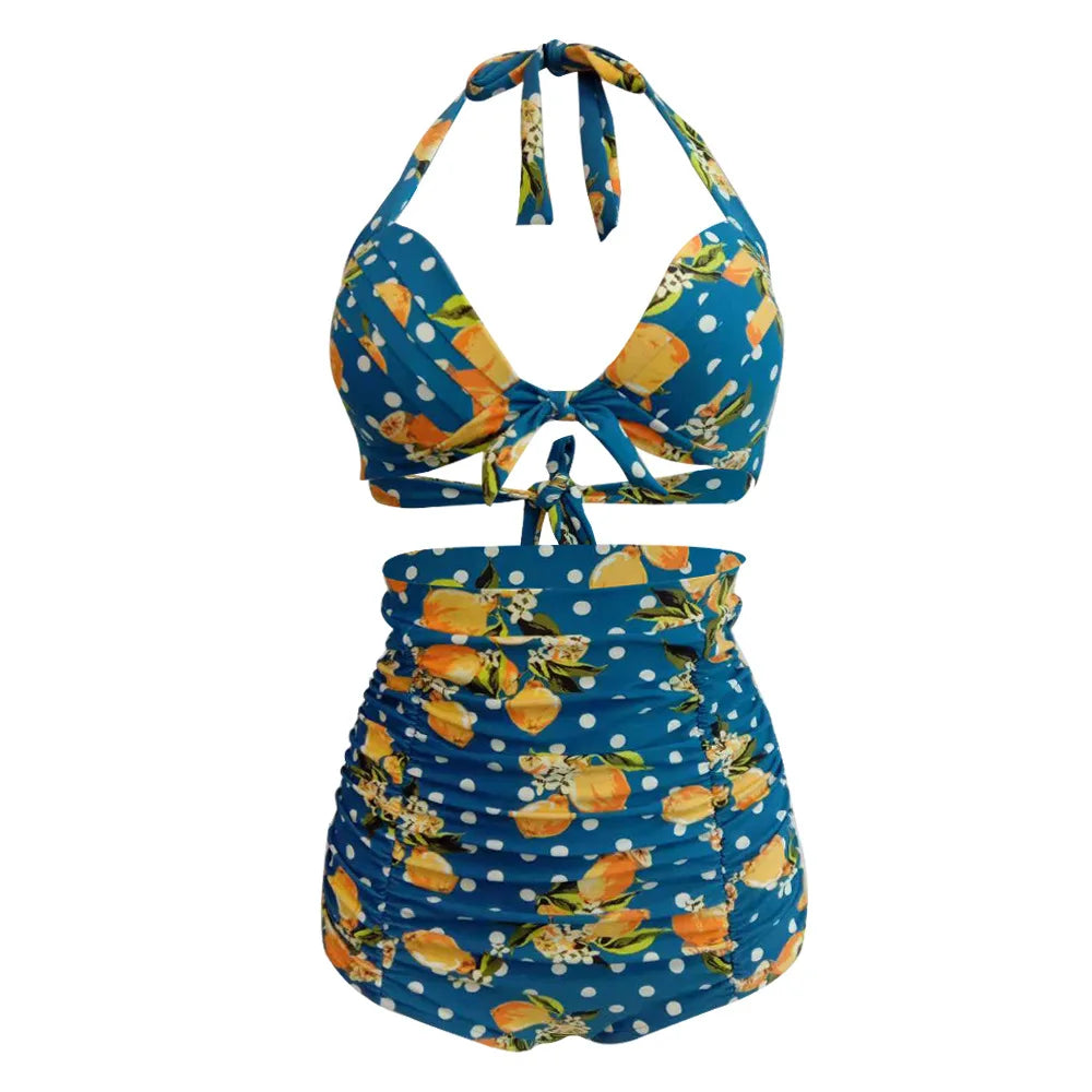 Pleated Bikini Red Top Navy Blue With White Dots Bottom Women Classic High Waist Halter Bikini Sets Plus Size Two-piece Swimwear