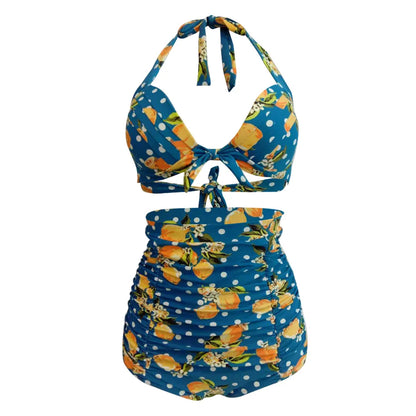 Pleated Bikini Red Top Navy Blue With White Dots Bottom Women Classic High Waist Halter Bikini Sets Plus Size Two-piece Swimwear