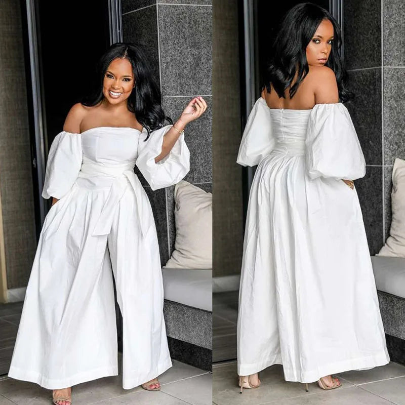 Elegant Off Shoulder Wide Leg Jumpsuit for Women Loose Palazzo Pants Puff Sleeve Birthday Night Party Rompers Womens Jumpsuits