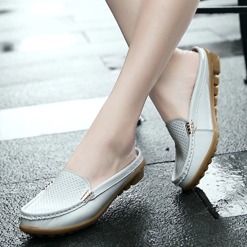 Women Casual Shoes Hollow Out Lady Half Lofers Genuine Leather Flats Moccasins Women Luxury Brand Half Slippers Zapatillas Mujer
