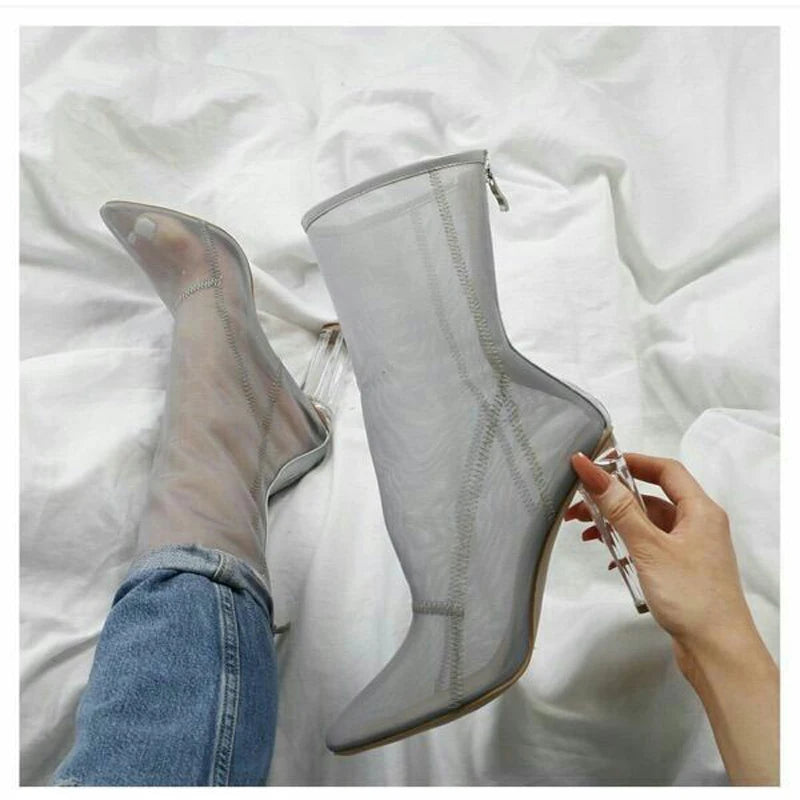 New Mesh Neon Green Sandal Boots Women Sexy Over The Knee Boots Pointed Toe High Heels Party Shoes Woman Thigh High Boots