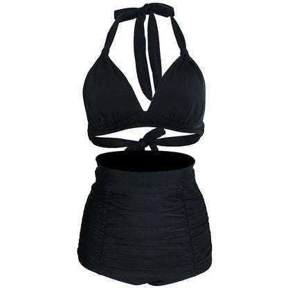 Pleated Bikini Red Top Navy Blue With White Dots Bottom Women Classic High Waist Halter Bikini Sets Plus Size Two-piece Swimwear