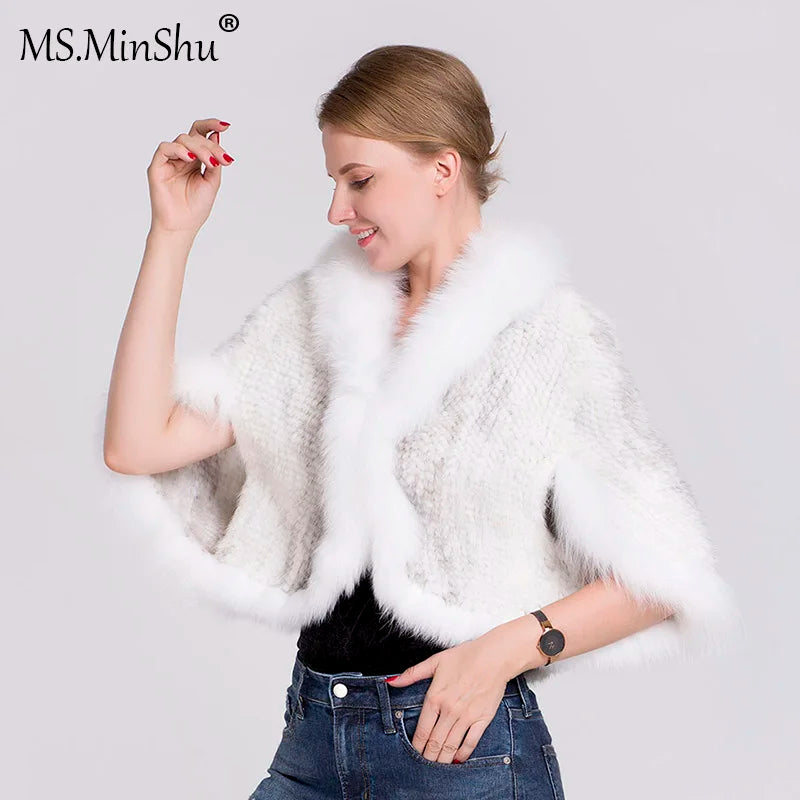 Ms.MinShu-Natural Mink Fur Poncho for Women, Trimmed Mink Fur Coat, Fox Fur Collar, Sleeveless, Woven Jacket, Outwear