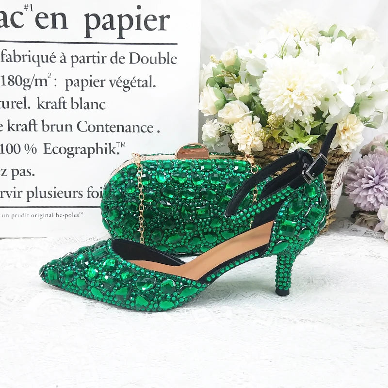 BaoYaFang 2022 NEW ARRIVE Green Crystal Wedding Shoes Woman Thin Heel Pointed Toe Bridal Party Dress Shoe Big Size High Pumps