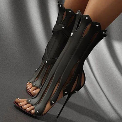 Sexy Vertical Shape Stiletto Heel Ankle Boots Peep Toe Metal Heels Studded Strappy Sandals Red White Black Runway Boot Shoes