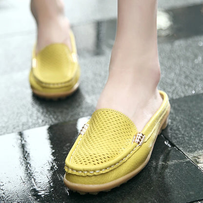Women Casual Shoes Hollow Out Lady Half Lofers Genuine Leather Flats Moccasins Women Luxury Brand Half Slippers Zapatillas Mujer