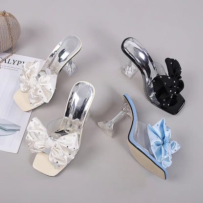 2026 New Fashion Crystal Bow High Heels Slippers Shoes Woman Sexy PVC Transparent Sandals Women Slides Open Toe Pumps Blue Black