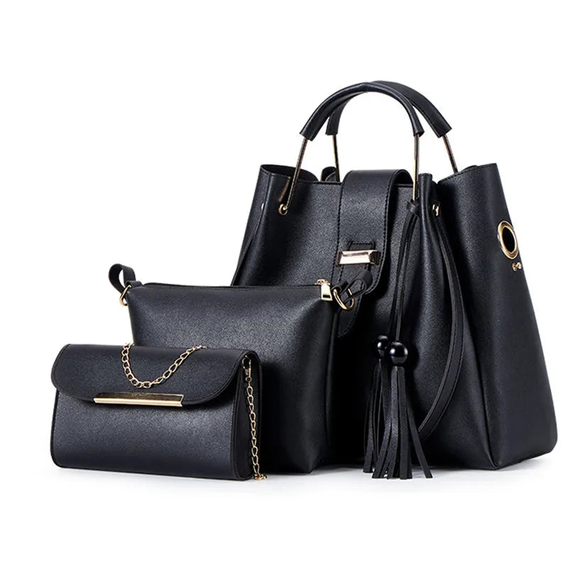 Fashion Women Bucket Handbag Large Capacity PU Leather Shoulder Bag Female  Wild 3 Pcs Set Retro Tote Tassel Messenger Bags 2026