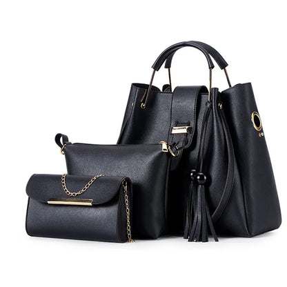 Fashion Women Bucket Handbag Large Capacity PU Leather Shoulder Bag Female  Wild 3 Pcs Set Retro Tote Tassel Messenger Bags 2026