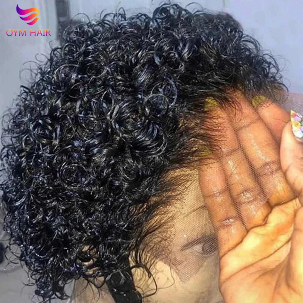 13x4 Lace Frontal Wigs Human Hair Pixie Cut 180% Density Black Color Water Wave Short Pixie Cut Wigs for Women Preplucked