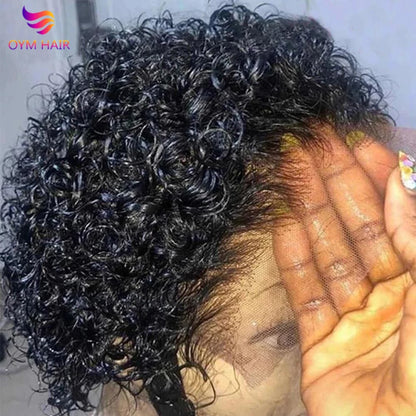 13x4 Lace Frontal Wigs Human Hair Pixie Cut 180% Density Black Color Water Wave Short Pixie Cut Wigs for Women Preplucked