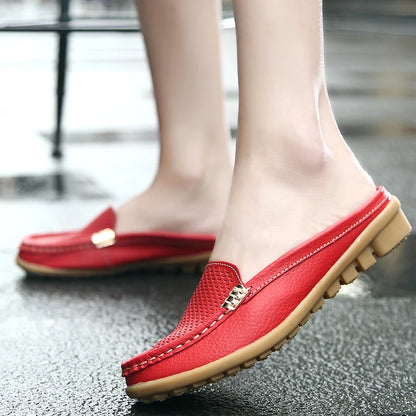 Women Casual Shoes Hollow Out Lady Half Lofers Genuine Leather Flats Moccasins Women Luxury Brand Half Slippers Zapatillas Mujer
