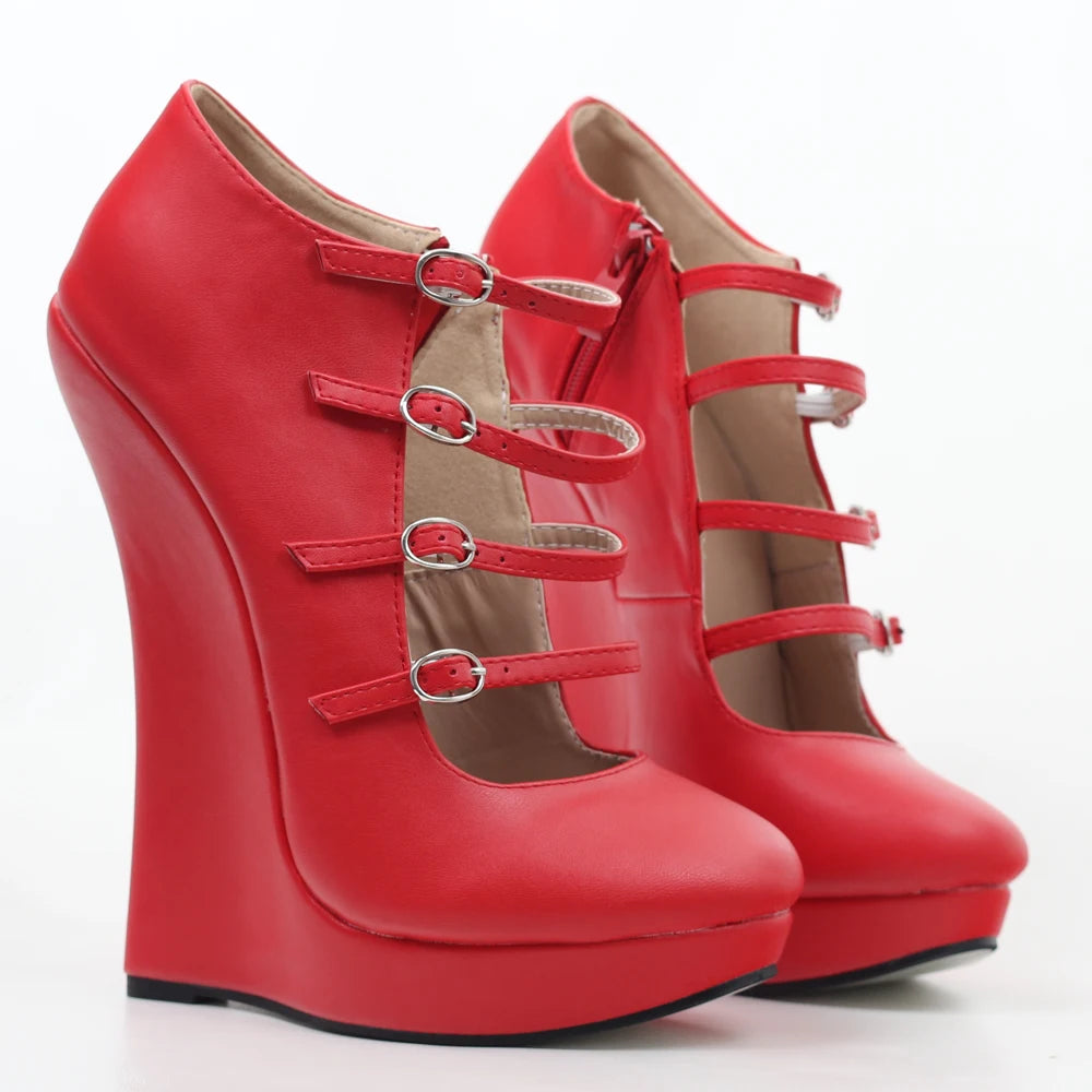 Blue PU Leather 6 Inch Wedge Sandals Women Sexy Multi Strap Buckle High Heel Platform Pumps Gothic Fetish Plus Size Shoe