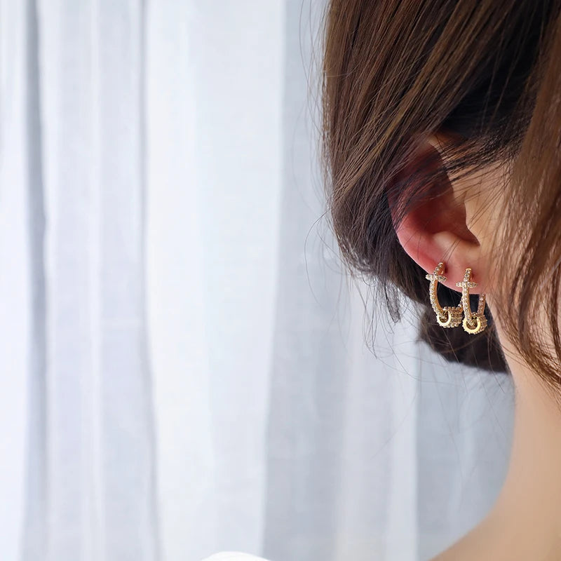 14k Plated Gold Luxury Super Shine CZ Buckle Earring High Quality Delicate AAA Zircon Circle Earring Jewelry Pendant Accessories