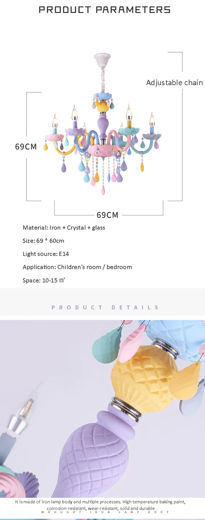 Rainbow Crystal Chandelier European Candle Lustres Bedroom Children's Room American LED E14 8 Lights Princess Makaron Kid Lamps