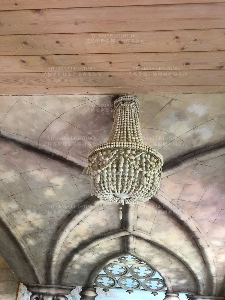 French Country white wood Bead Chandelier dining room bedroom princess Decorative chandelier 3/5 lights hanging light fixture