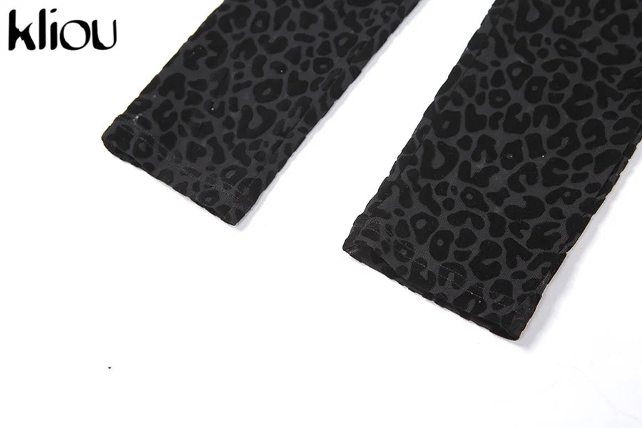 Kliou Flocking Mesh Jumpsuit Women Autumn Sexy Camis Leopard Patchwork Body-Shaping One Piece Clothing Midnight Attire Clubwear
