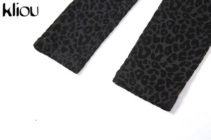 Kliou Flocking Mesh Jumpsuit Women Autumn Sexy Camis Leopard Patchwork Body-Shaping One Piece Clothing Midnight Attire Clubwear