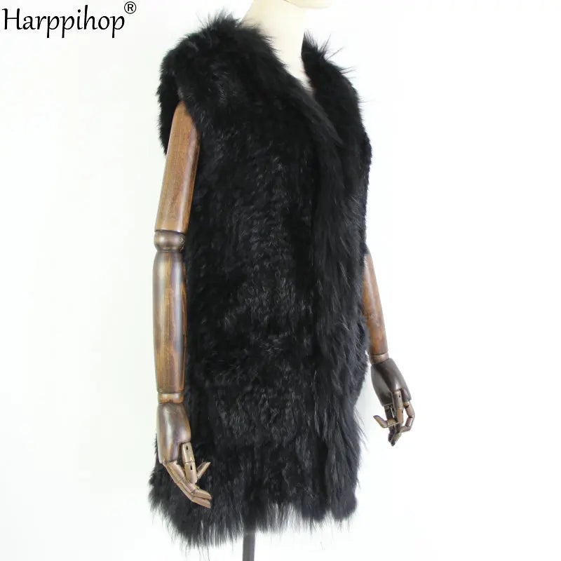 new fashion rabbit fur vest knit rabbit vest 80cm long style for women raccoon fur collar trim fur waistcoat pocket decoration