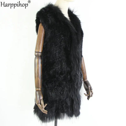 new fashion rabbit fur vest knit rabbit vest 80cm long style for women raccoon fur collar trim fur waistcoat pocket decoration