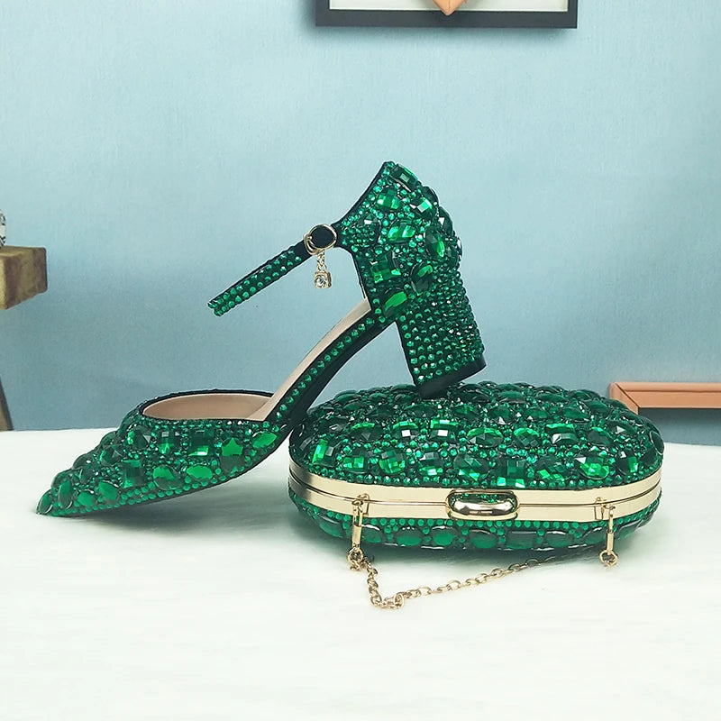BaoYaFang 2022 NEW ARRIVE Green Crystal Wedding Shoes Woman Thin Heel Pointed Toe Bridal Party Dress Shoe Big Size High Pumps
