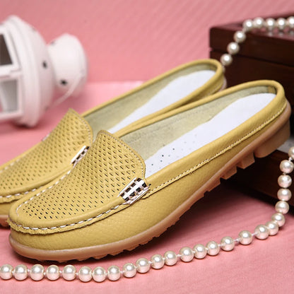 Women Casual Shoes Hollow Out Lady Half Lofers Genuine Leather Flats Moccasins Women Luxury Brand Half Slippers Zapatillas Mujer