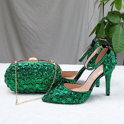 BaoYaFang 2022 NEW ARRIVE Green Crystal Wedding Shoes Woman Thin Heel Pointed Toe Bridal Party Dress Shoe Big Size High Pumps
