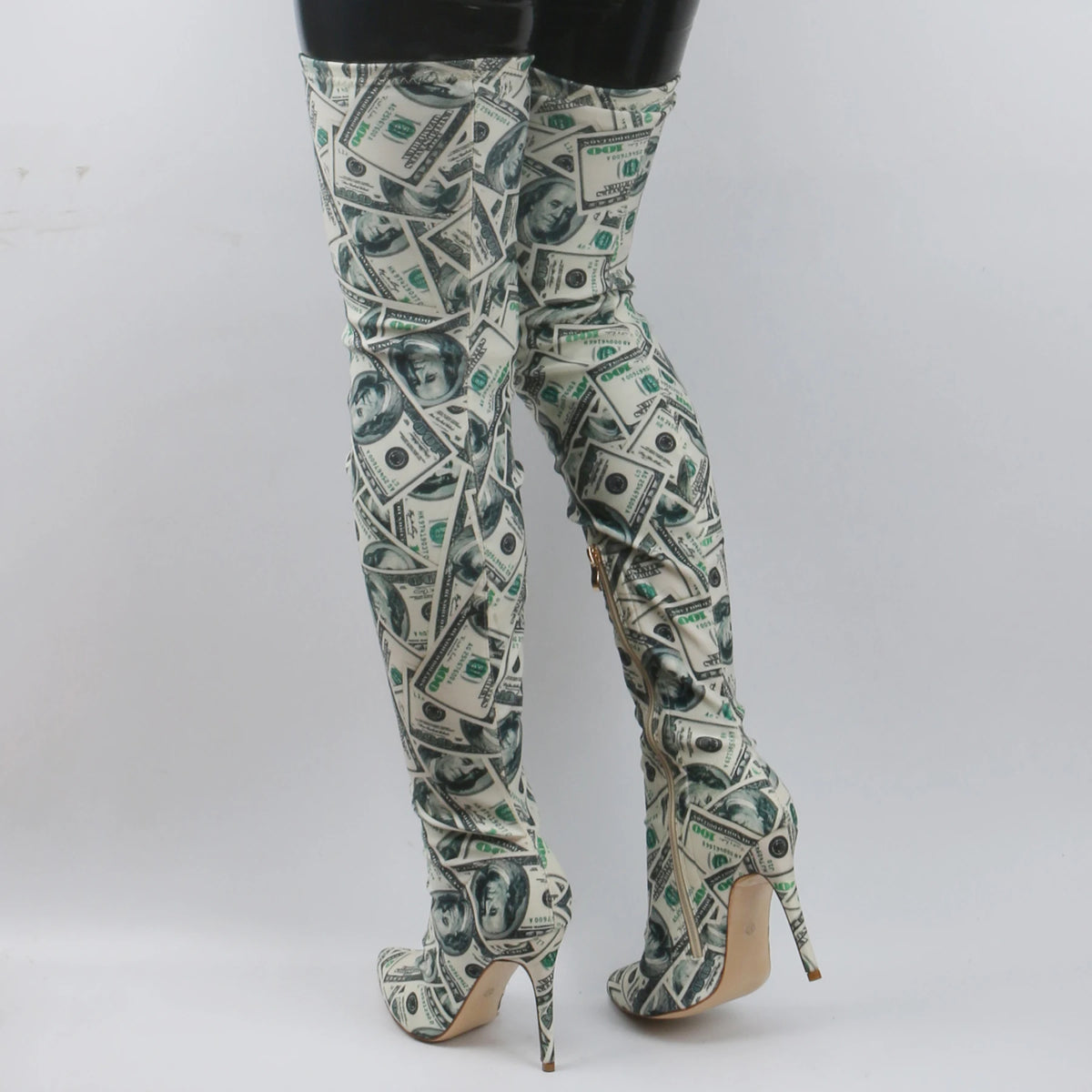 Dollar Printed Stretch Thigh Boots Pointed Toe Thin High Heel Slim Leg Elastic Over The Knee Boots Women Fall Fashion Long Boots