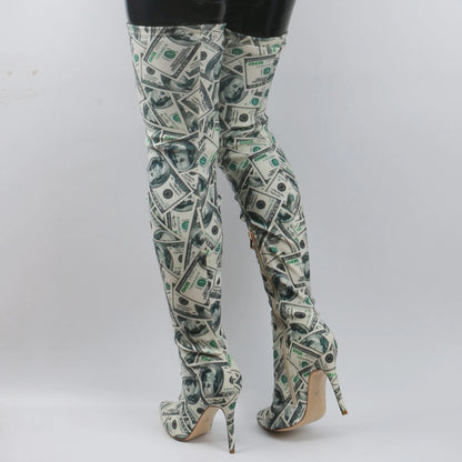 Dollar Printed Stretch Thigh Boots Pointed Toe Thin High Heel Slim Leg Elastic Over The Knee Boots Women Fall Fashion Long Boots