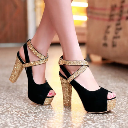 12CM High Heel Thick Heel Sandals Spring and Summer New Style Buckle Fish Mouth Women's Shoes Black Blue Plus Size 32-43