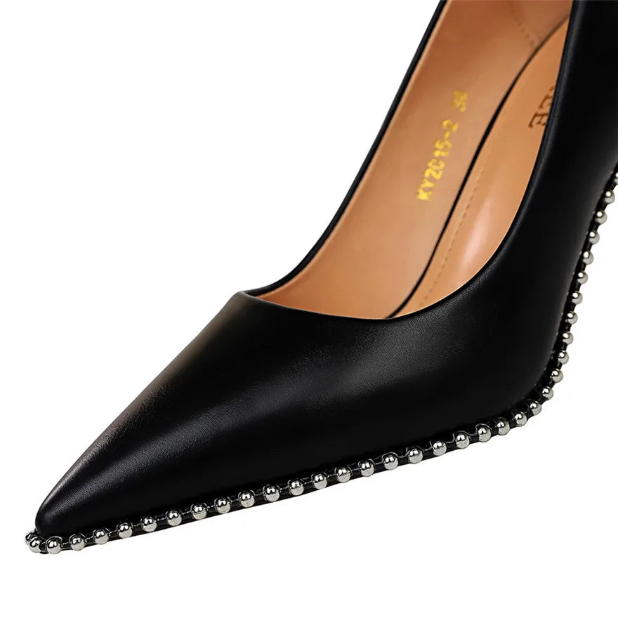 BIGTREE Sexy Rivets String Bead Women's Shoes Party Soft Leather Pointed Toe High Heels Pumps Spring Shallow Office Shoes Women
