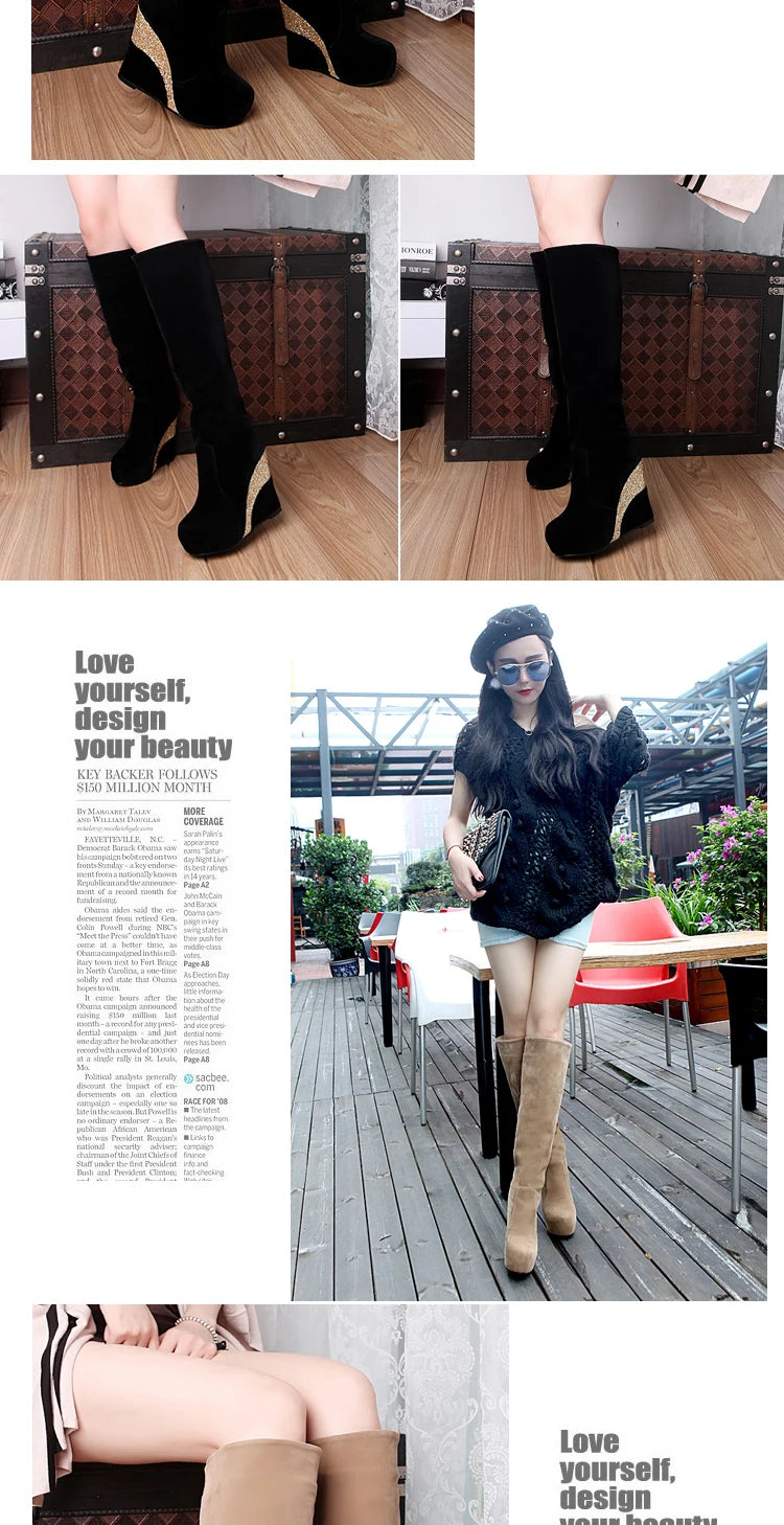 Flock Stitching Sequined Cloth Wedges Women's Knee-Length Boots Inner Heightening Platform Flat-Bottomed Winter Long Boots