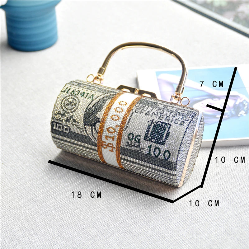 Luxury Money Clutch Rhinestone Purse 10000 Dollars Stack of Cash Evening Handbags Shoulder Wedding Dinner Bag 8 Color Wallet