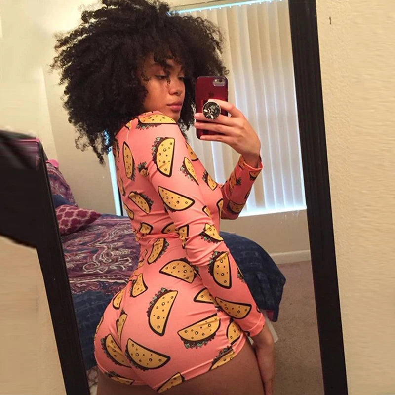 OMSJ 2024 Rompers Women Sleepwear Sky Blue Leopard Print Long Sleeve Short Jumpsuit Sexy Onesie For Adult Female Nightwear S-3XL