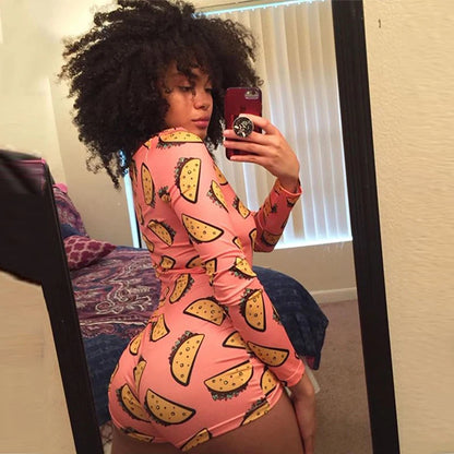 OMSJ 2024 Rompers Women Sleepwear Sky Blue Leopard Print Long Sleeve Short Jumpsuit Sexy Onesie For Adult Female Nightwear S-3XL