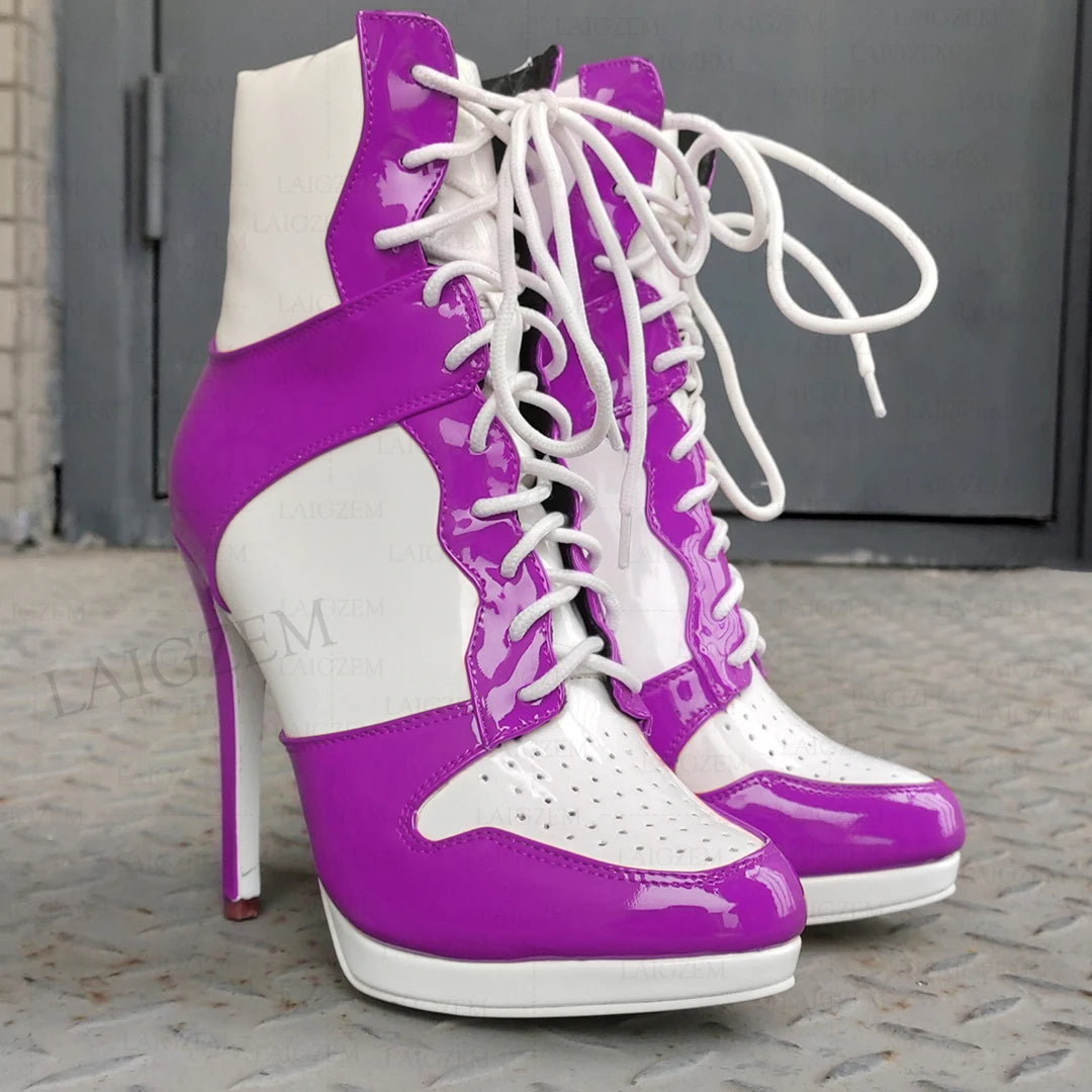 LAIGZEM Women Ankle Boots Round Toe Shiny Thin High Heels Comfortable Lace Up Short Boots Ladies Girls Big Size 41 45 46 47