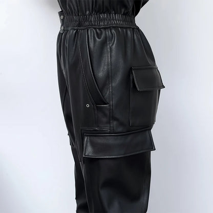 Lautaro Spring Long Black Soft Faux Leather Jumpsuit Women Long Sleeve Zipper Jumpsuits for Women Womens Fall Fashion 2021