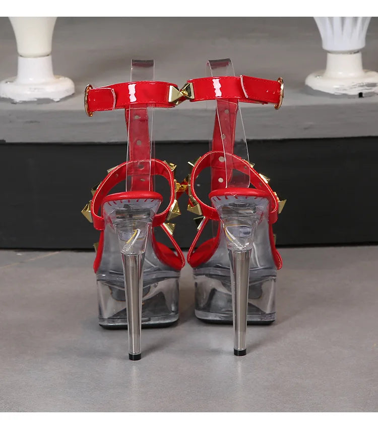 Women's Platform Sandals Rivet Pull Sandals Transparent High Heel 13CM Slim Heel Summer Waterproof Table LFD-1099-36
