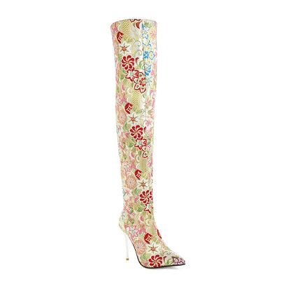 Western Embroidery Style Pointed Toe Over-The-Knee Women's Boots Ethnic Style Patterned Ultra-High Crystal Stiletto Long Boots