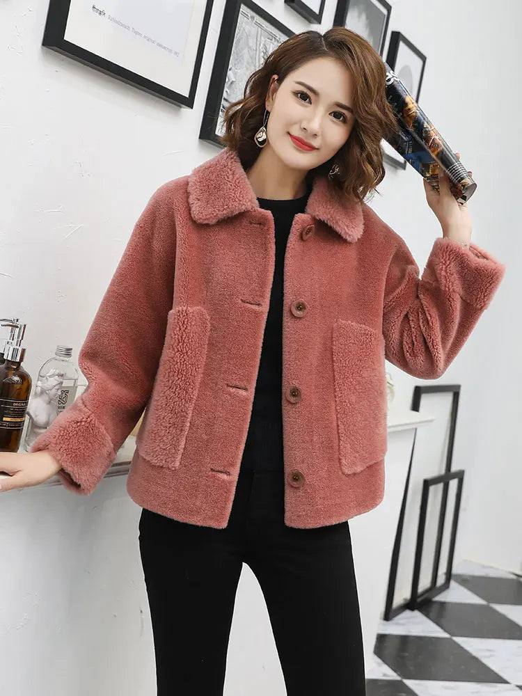 Real Fur Sheepskin Coat Women Winter  Genuine Wool Coats Female turndown Collar Winter Warm Sheep Shearing Jacket Outercoat