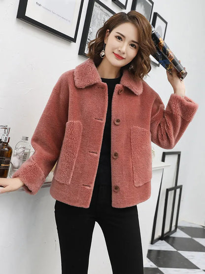 Real Fur Sheepskin Coat Women Winter  Genuine Wool Coats Female turndown Collar Winter Warm Sheep Shearing Jacket Outercoat