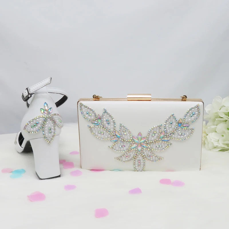 BaoYaFang White Beads Pearl wedding shoes Bride Pointed Toe Square Thick High Heel Party dress shoes and bag set Ankle Strap